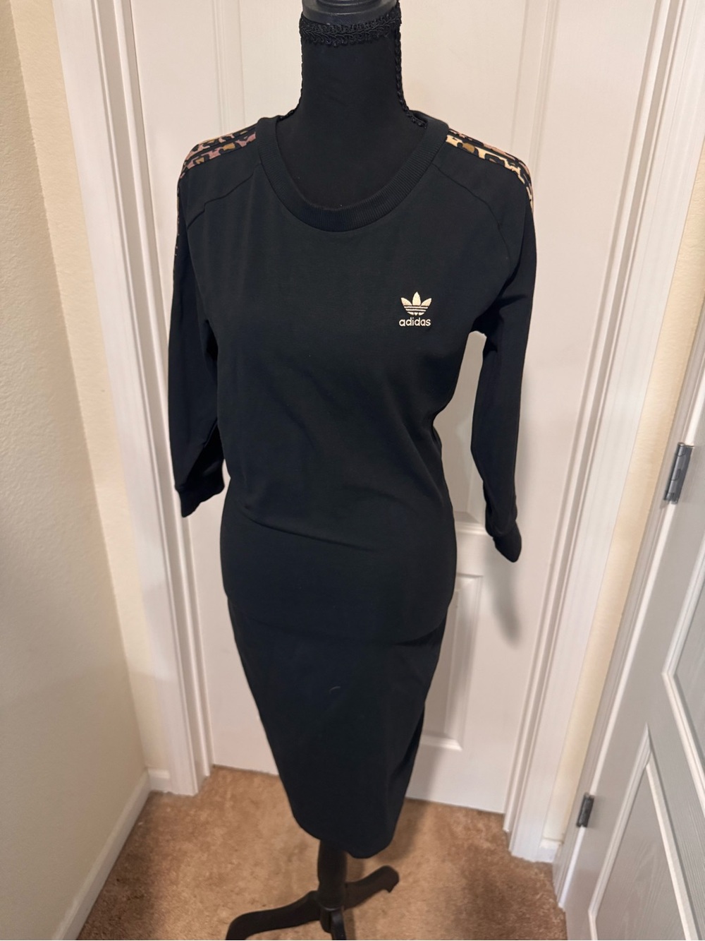 adidas Black Midi Dress with Leopard-Print Shoulder Trim